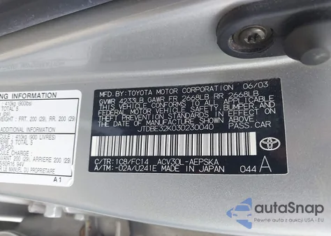 2003 Toyota Camry Se from USA, damaged, VIN JTDBE32K030230040